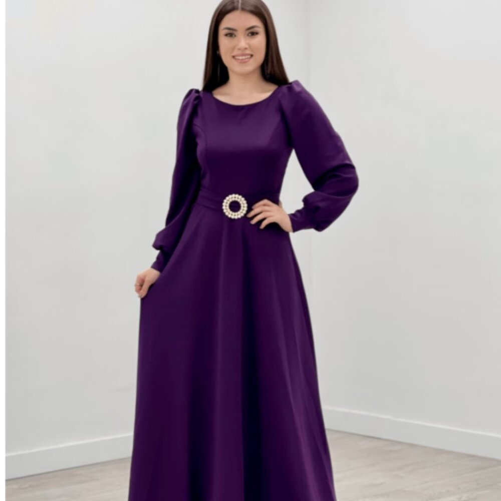 Womens Purple Evening Dress with Belt Detail